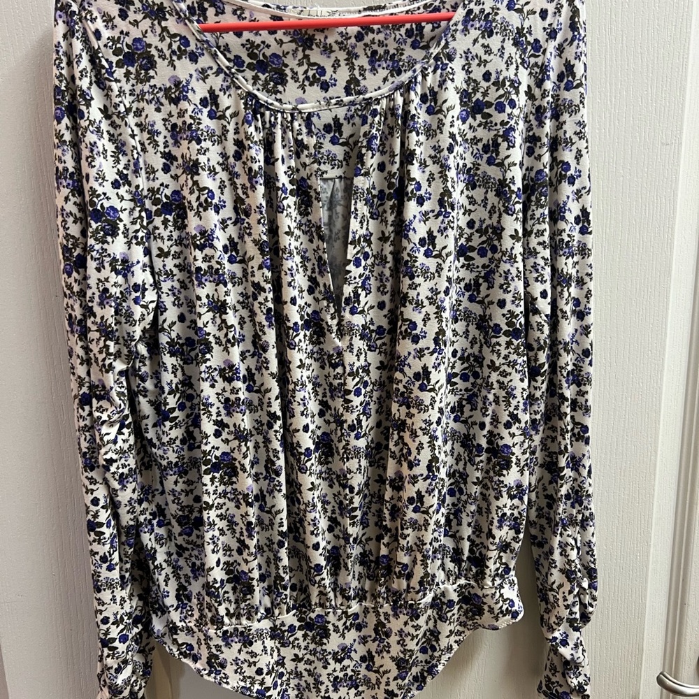 Free People Purple and Green Ruched Long Sleeve Blouse